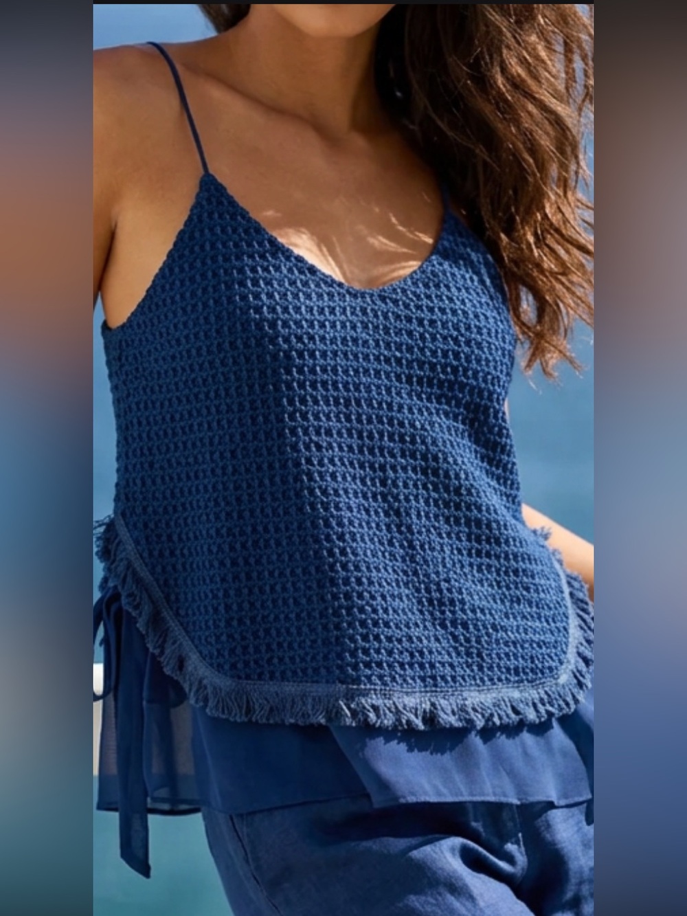Navy Blue Crochet Cami Top Textured Layered Top Spaghetti Straps Side Tie NWT S